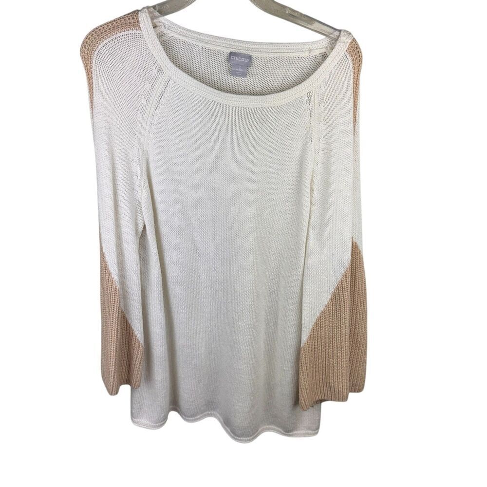 Chicos Wool Cashmere Blend Sweater Women's 2 Medium Cream Tan Sleeve‎ Pullover